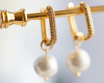 Kai White Baroque Pearl Square Hoop Earrings
