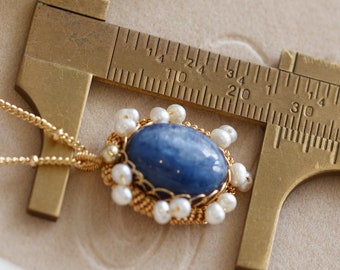 Blue Kyanite and Pearl Gold Wire Oval Pendant Necklace