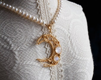 Gwen Rainbow Moonstone Crystal Moon Necklace