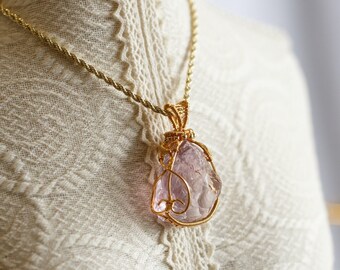 February Stone Raw Amethyst Gold Wire Pendant Necklace