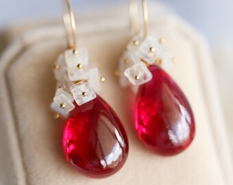 Red Corundum & Moonstone Cluster Drop Earrings