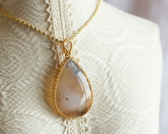 Dendritic Agate Gold Wire Pendant Necklace