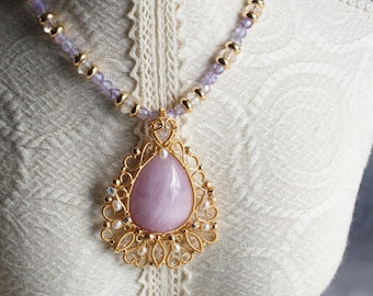 Purple Kunzite Statement Pendant on Gemstone Necklace