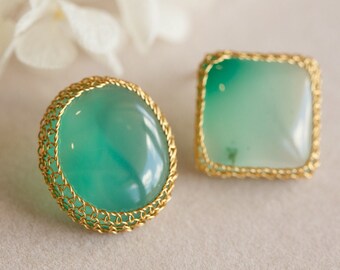 Ceres Green Chalcedony Asymmetry Stud Earrings