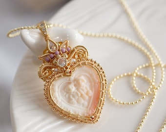 Johanne Pink Conch Shell Cameo Heart Pendant Necklace