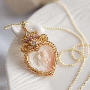 Johanne Pink Conch Shell Cameo Heart Pendant Necklace image 1