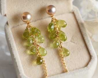 Pearl & Peridot Rainforest Fern Cluster Drop Earrings