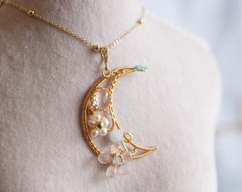 Magnolia Mozambique Rose Quartz Half-Moon Necklace
