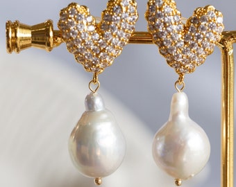 Melody Metallic White Baroque Pearl Heart Stud Earrings