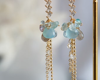 Bronte Turquoise Quartz Gemstone Cluster Drop Earrings