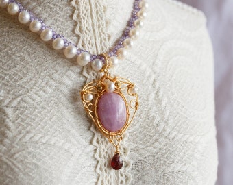 Natural Purple Kunzite Pendant & Pearl Necklace