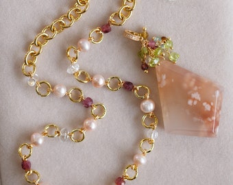 Sakura Flower Agate Gemstone Cluster Necklace