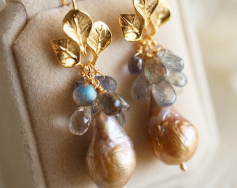 Winter Metallic Orange Baroque Pearl Cluster Earrings