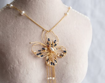Amiah Butterfly Pearl Satellite Tassel Pendant Necklace