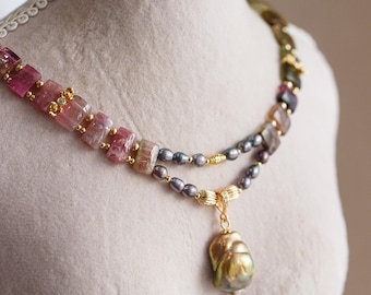 Isabeau Watermelon Tourmaline Multi-Strand Pearl Necklace Handmade in Sydney Australia