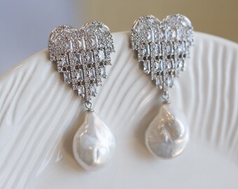 Araceli Baroque Pearl Cubic Heart Earrings