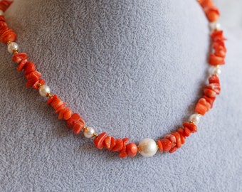 Bridget Orange Coral and Pearl Necklace