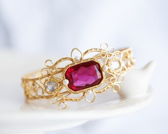 Fuchsia Pink Austria Crystal Gold Wire Bangle