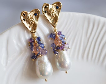 Julia Baroque Pearl Heart Stud Gemstone Cluster Earrings