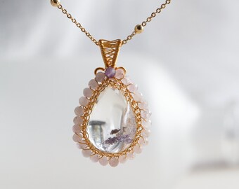 Purple Lodolite Phantom Quartz Gold Wire Pendant Necklace