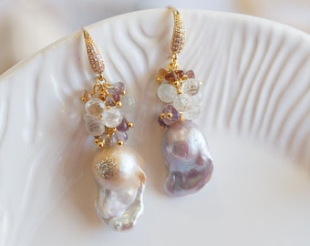 Diana Baroque Pearl Gemstone Cluster Earrings