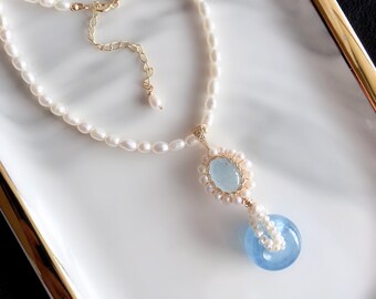 Lilah Aquamarine and Pearl Necklace