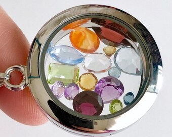 Real Gemstone Floating Locket Necklace, 15 Genuine Crystals Glass Locket