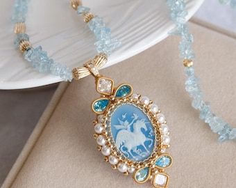 Clotilda Two-Layers Blue Agate Cameo Pendant Necklace