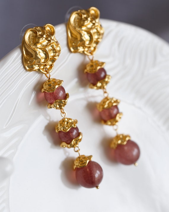 Miroslava Strawberry Quartz Statement Earrings