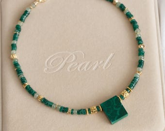 Theodore Genuine Malachite Geometric Pendant and Natural Jade Choker Necklace