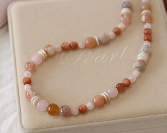 Celia Sakura Agate & Rose Quartz Necklace, Peach Sunstone Beaded Pearl Choker