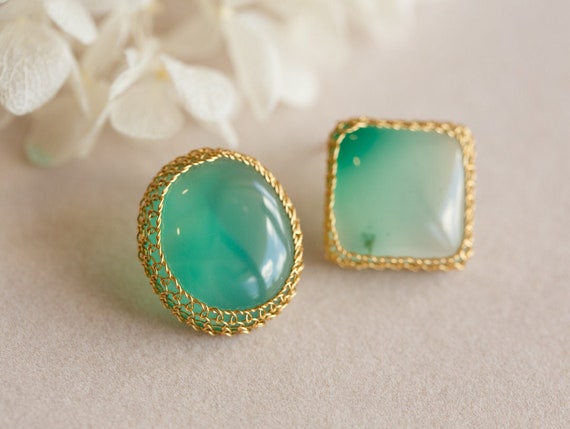 Ceres Green Chalcedony Asymmetry Stud Earrings