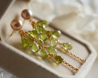 Pearl & Peridot Rainforest Fern Cluster Drop Earrings