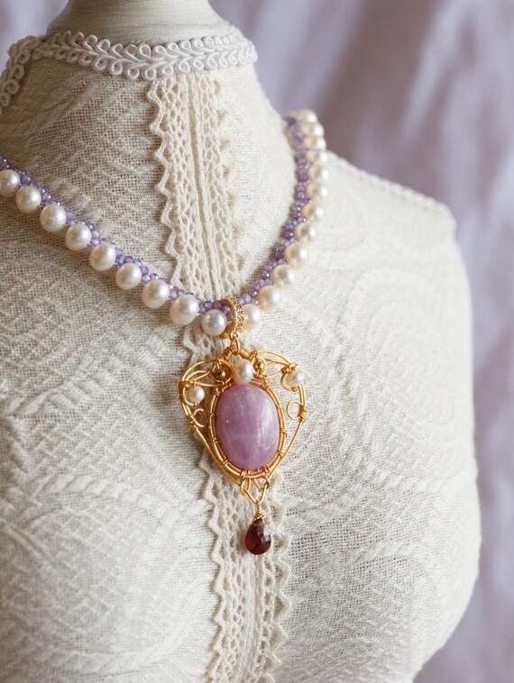 Natural Purple Kunzite Pendant & Pearl Necklace