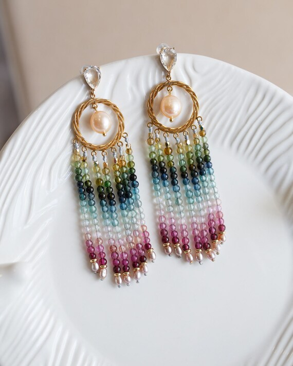 Vanessa Rainbow Tourmaline Waterfall Tassel Earrings