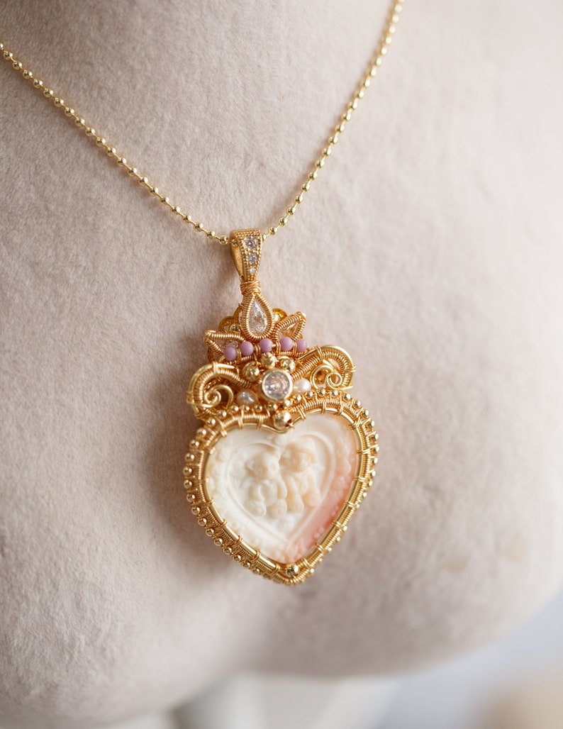 Johanne Pink Conch Shell Cameo Heart Pendant Necklace image 3