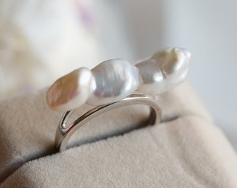 Baroque Pearl Balance Beam Silver Ring