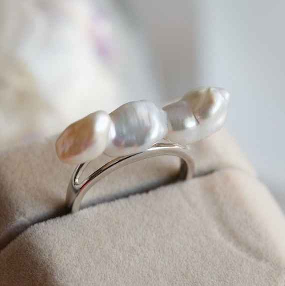 Baroque Pearl Balance Beam Silver Ring