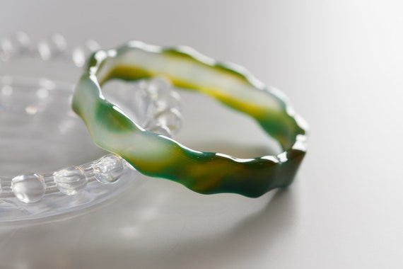 Colourful World! Bicolour Green Agate Bangle #A180