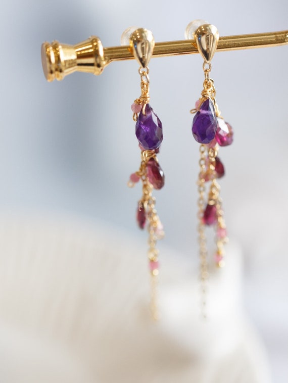 Reagan Amethyst & Garnet Cluster Drop Earrings