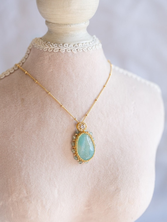 Priscilla Green Chalcedony Crystal Geode Necklace