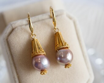 Purple Baroque Pearl Bali Vermeil Dangle Earrings