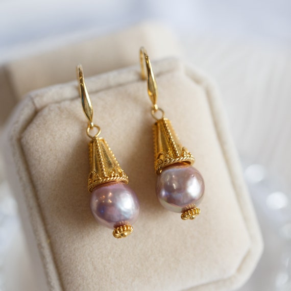 Purple Baroque Pearl Bali Vermeil Dangle Earrings
