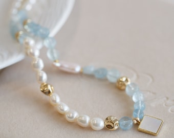 Raelynn Aquamarine and Pearl Choker Necklace
