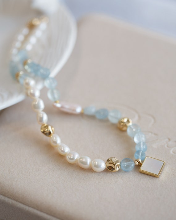 Raelynn Aquamarine and Pearl Choker Necklace