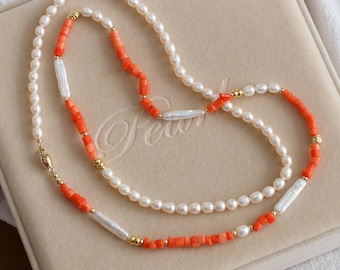Adelaide Orange Coral and Freshwater Pearl Long Necklace