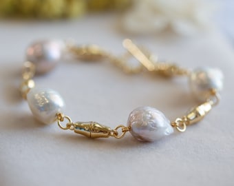 Adeline White Baroque Pearl Gold Bracelet