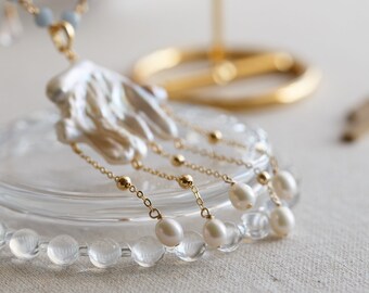 Natural Baroque Pearl Jellyfish Pendant & Angelite Necklace