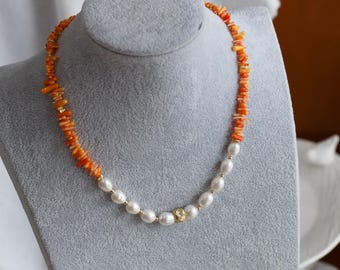 Anika Orange Coral and Freshwater Pearl Necklace