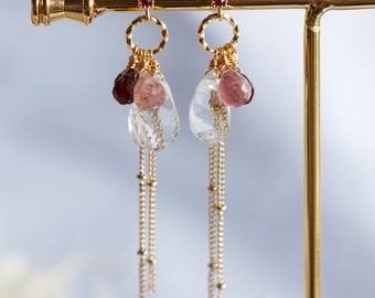 Romantic Rock Crystal & Garnet Cluster Drop Earrings